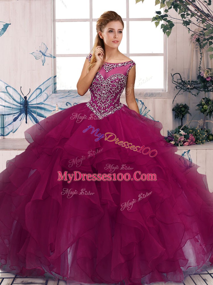 Fuchsia Ball Gowns Organza Scoop Sleeveless Beading and Ruffles Floor Length Zipper 15th Birthday Dress