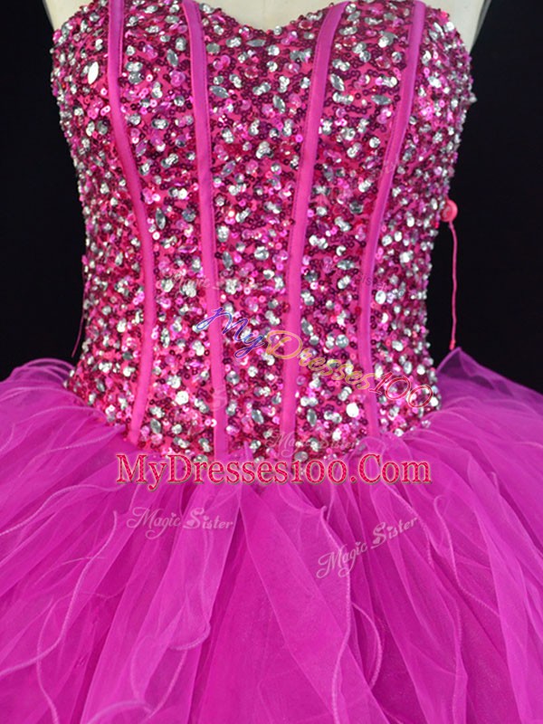Sexy Sweetheart Sleeveless Tulle Quince Ball Gowns Beading and Ruffles Lace Up