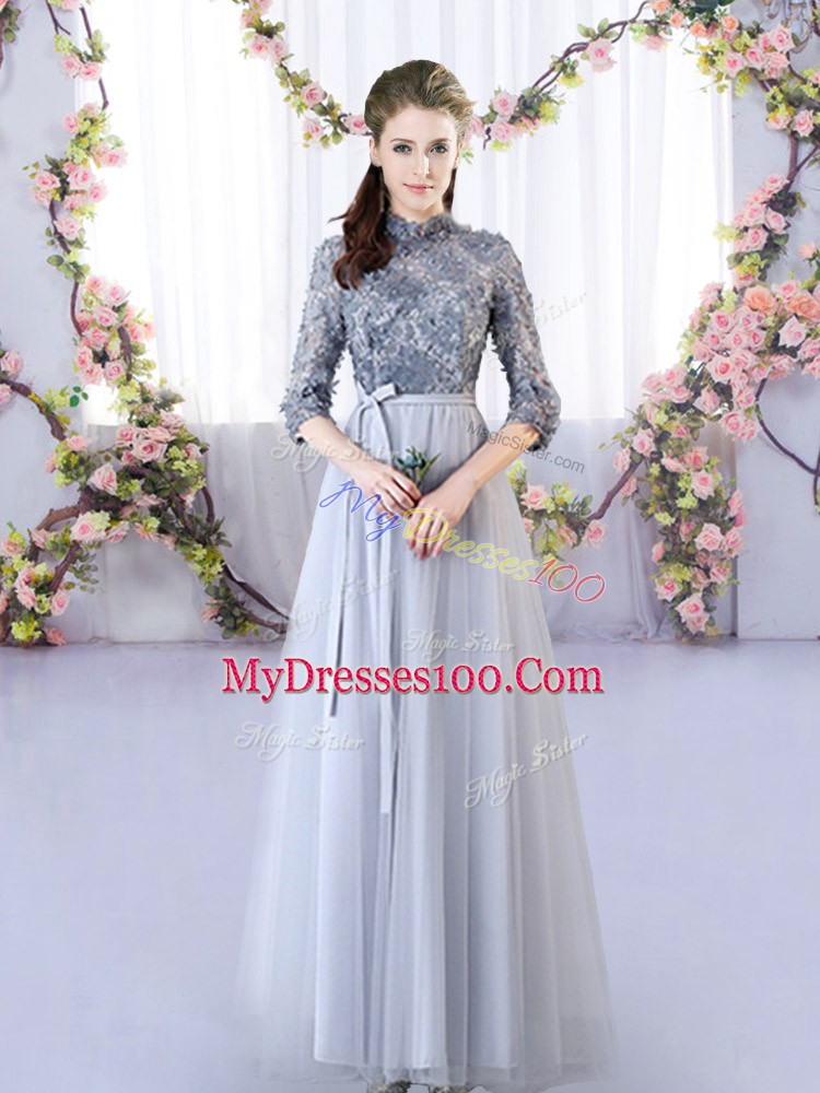 Grey High-neck Lace Up Appliques Bridesmaid Gown Half Sleeves