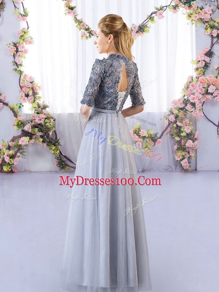 Grey High-neck Lace Up Appliques Bridesmaid Gown Half Sleeves