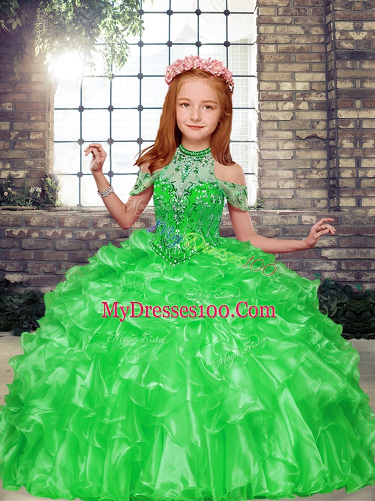 On Sale Organza High-neck Sleeveless Lace Up Beading Girls Pageant Dresses in