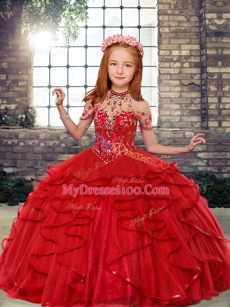 Red Tulle Lace Up Kids Formal Wear Sleeveless Floor Length Beading
