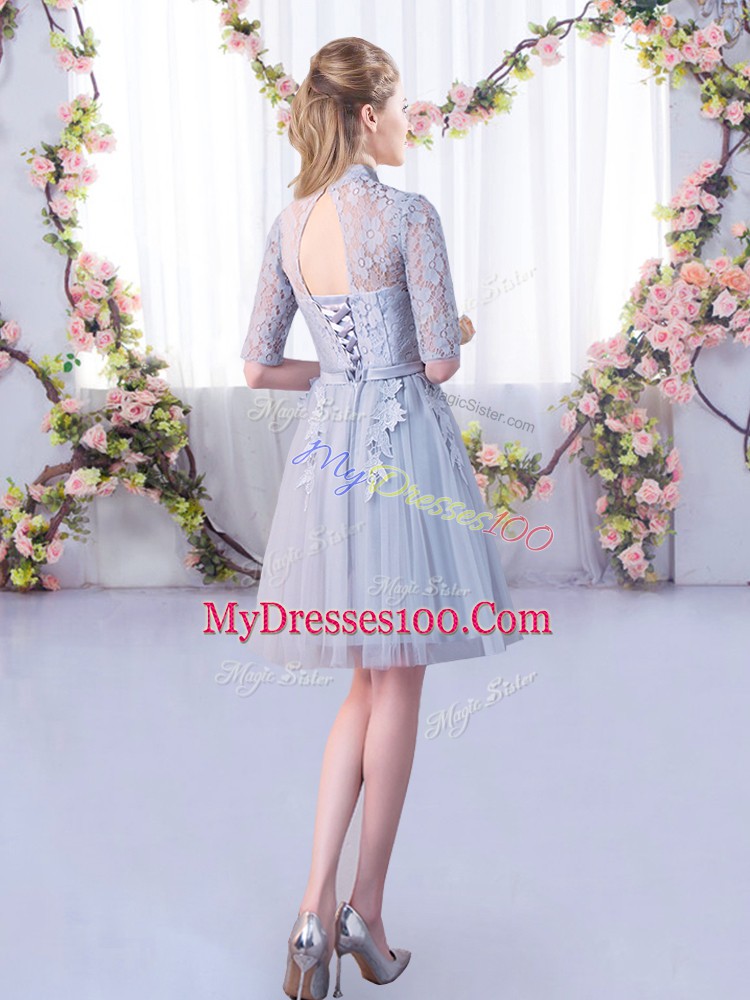 On Sale Lace Court Dresses for Sweet 16 Grey Lace Up Half Sleeves Mini Length