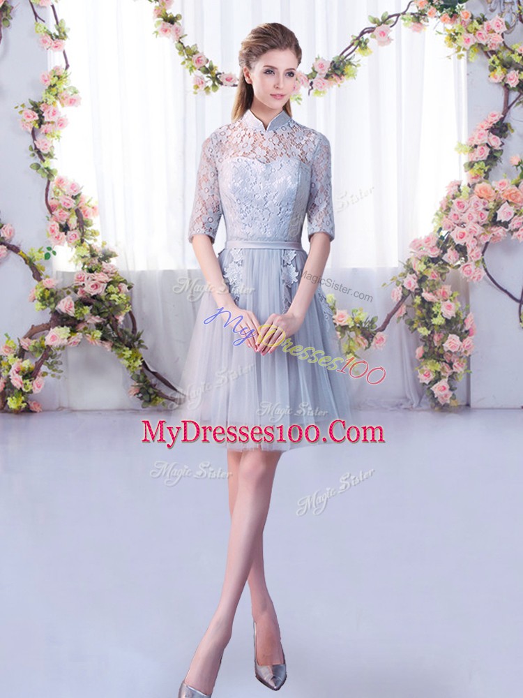 On Sale Lace Court Dresses for Sweet 16 Grey Lace Up Half Sleeves Mini Length