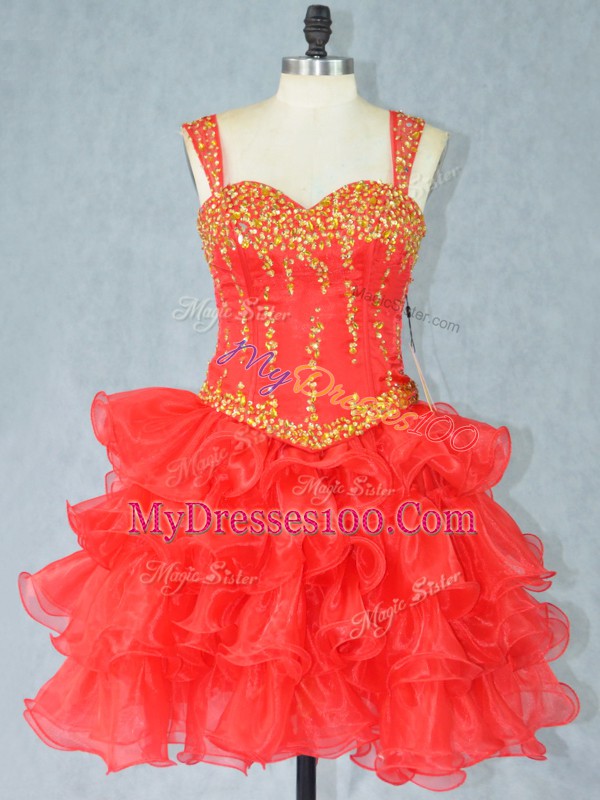 Fashionable Red Sleeveless Mini Length Beading and Ruffled Layers Lace Up Prom Dress