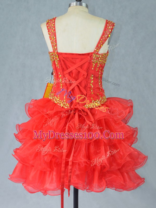 Fashionable Red Sleeveless Mini Length Beading and Ruffled Layers Lace Up Prom Dress