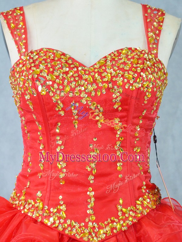 Fashionable Red Sleeveless Mini Length Beading and Ruffled Layers Lace Up Prom Dress