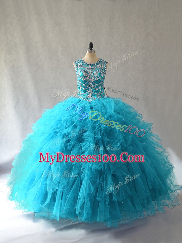 Custom Fit Tulle Sleeveless Floor Length 15th Birthday Dress and Beading and Ruffles