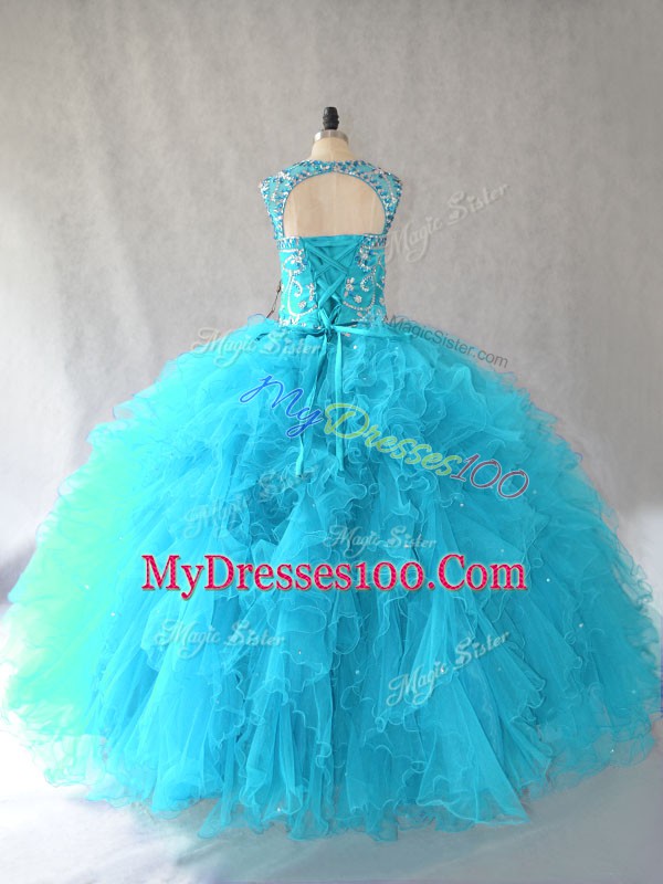 Custom Fit Tulle Sleeveless Floor Length 15th Birthday Dress and Beading and Ruffles