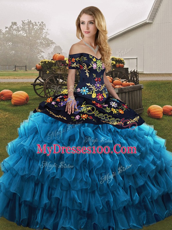 Blue And Black Organza Lace Up Off The Shoulder Sleeveless Floor Length 15th Birthday Dress Embroidery and Ruffled Layers