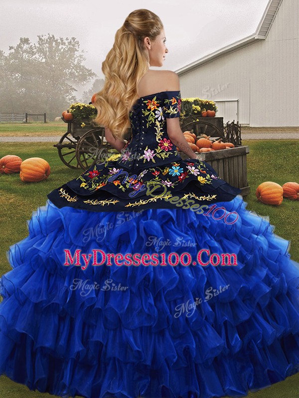 Blue And Black Organza Lace Up Off The Shoulder Sleeveless Floor Length 15th Birthday Dress Embroidery and Ruffled Layers