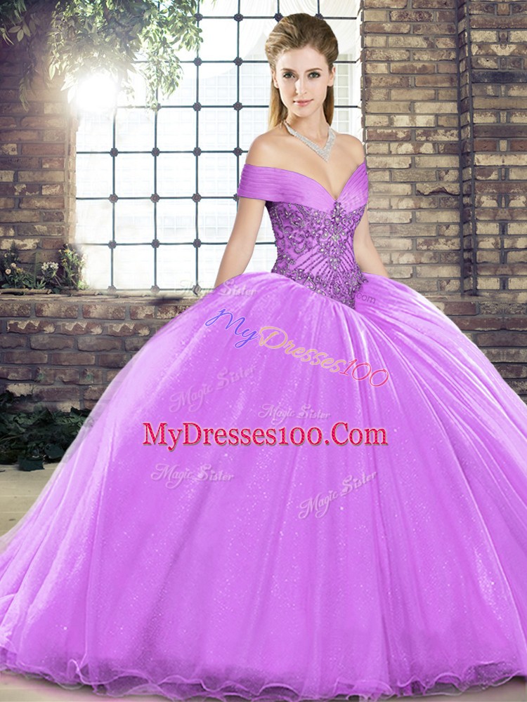 Beading Vestidos de Quinceanera Lavender Lace Up Sleeveless Brush Train