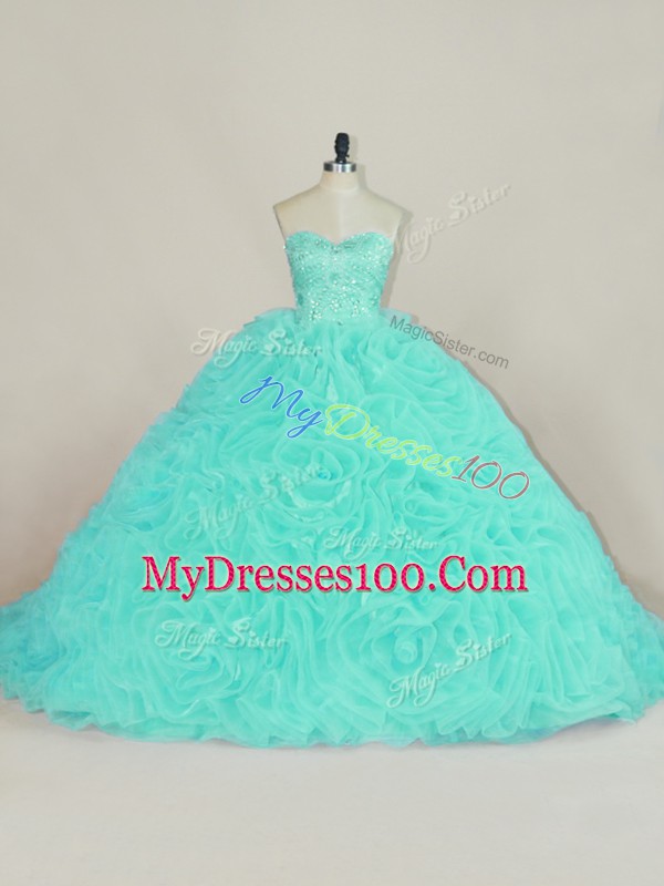 Fabric With Rolling Flowers Sweetheart Sleeveless Court Train Lace Up Beading and Ruffles Sweet 16 Dresses in Aqua Blue