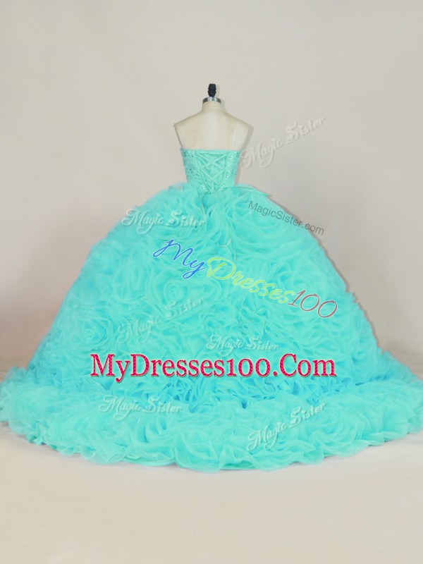 Fabric With Rolling Flowers Sweetheart Sleeveless Court Train Lace Up Beading and Ruffles Sweet 16 Dresses in Aqua Blue