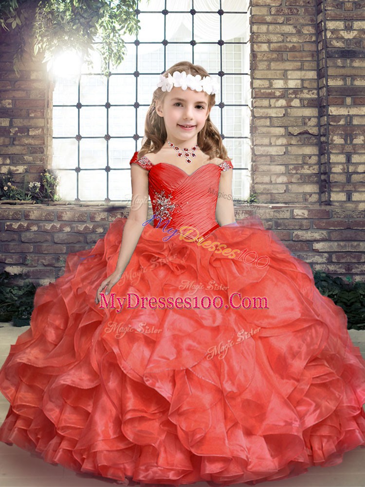 On Sale Sleeveless Organza Floor Length Lace Up Pageant Dress Toddler in Coral Red with Beading and Ruching