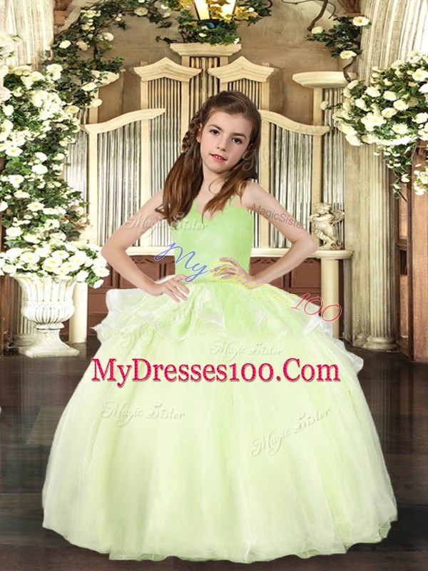 Sleeveless Organza Floor Length Lace Up Little Girls Pageant Gowns in Yellow Green with Beading