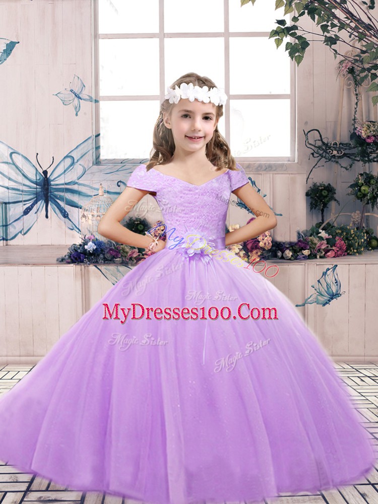 On Sale Off The Shoulder Sleeveless Little Girl Pageant Dress Floor Length Belt Lavender Tulle