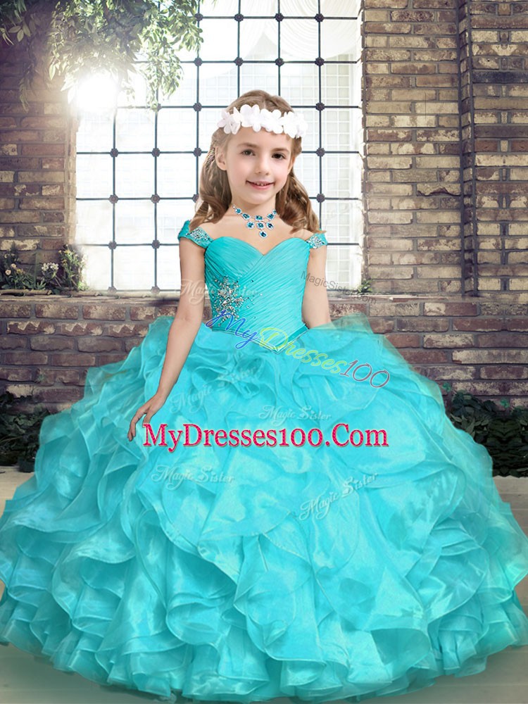 Graceful Sleeveless Floor Length Beading and Ruffles Lace Up Little Girls Pageant Dress with Aqua Blue