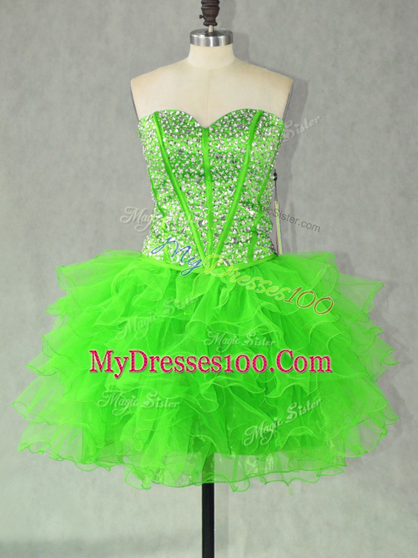 Sleeveless Mini Length Beading and Ruffles Lace Up