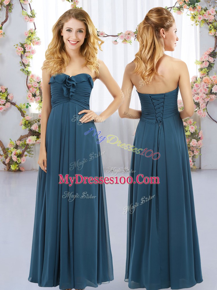 Attractive Chiffon Sweetheart Sleeveless Lace Up Ruffles Bridesmaid Dress in Navy Blue