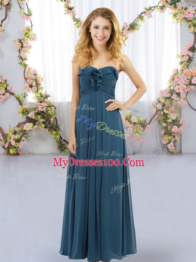 Attractive Chiffon Sweetheart Sleeveless Lace Up Ruffles Bridesmaid Dress in Navy Blue