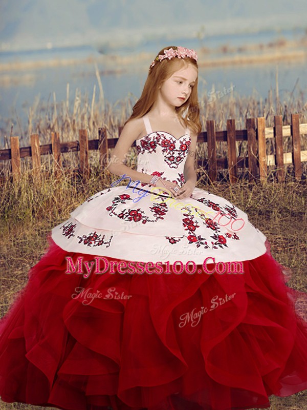 Floor Length Wine Red Pageant Gowns For Girls Straps Sleeveless Lace Up