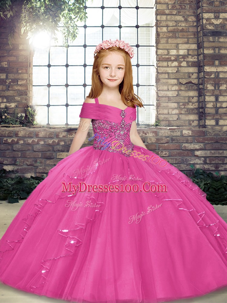Floor Length Ball Gowns Sleeveless Hot Pink Little Girls Pageant Dress Lace Up