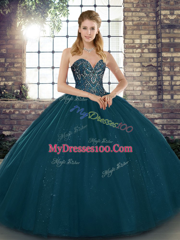 Teal Ball Gowns Beading Quinceanera Gowns Lace Up Tulle Sleeveless Floor Length