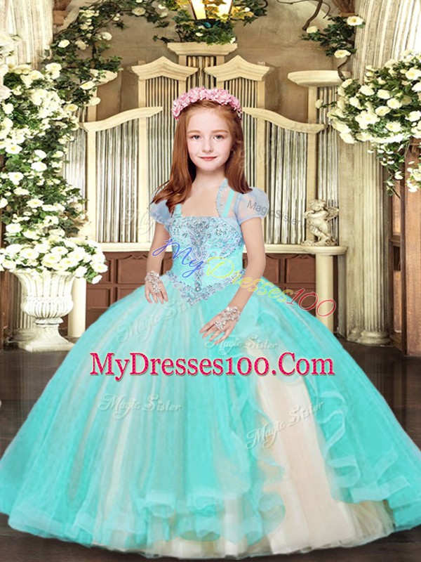 Graceful Aqua Blue Tulle Lace Up Child Pageant Dress Sleeveless Floor Length Beading