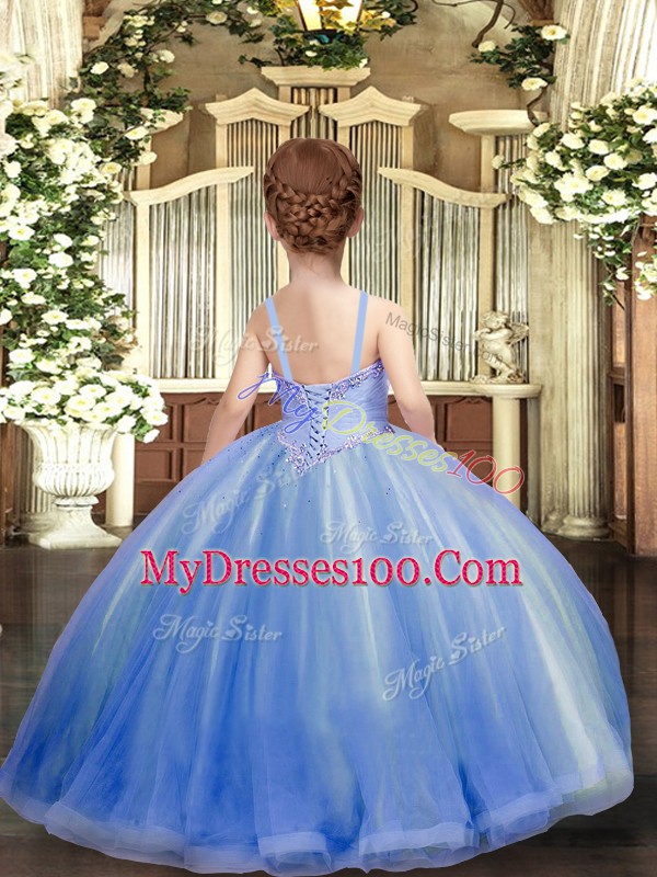 Graceful Aqua Blue Tulle Lace Up Child Pageant Dress Sleeveless Floor Length Beading