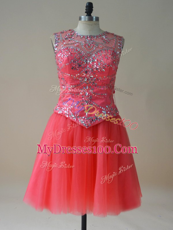 Hot Sale Coral Red Lace Up Scoop Beading Homecoming Dress Tulle Sleeveless