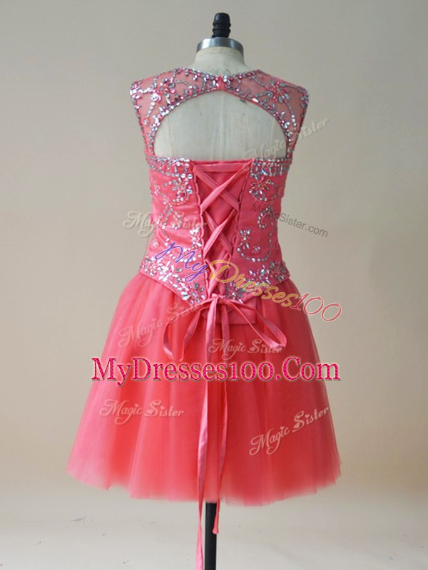 Hot Sale Coral Red Lace Up Scoop Beading Homecoming Dress Tulle Sleeveless
