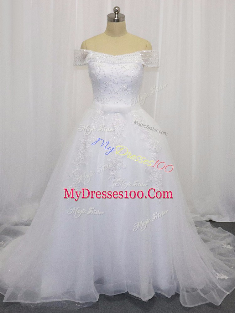 White Ball Gowns Beading and Lace and Belt Wedding Gown Lace Up Tulle Sleeveless