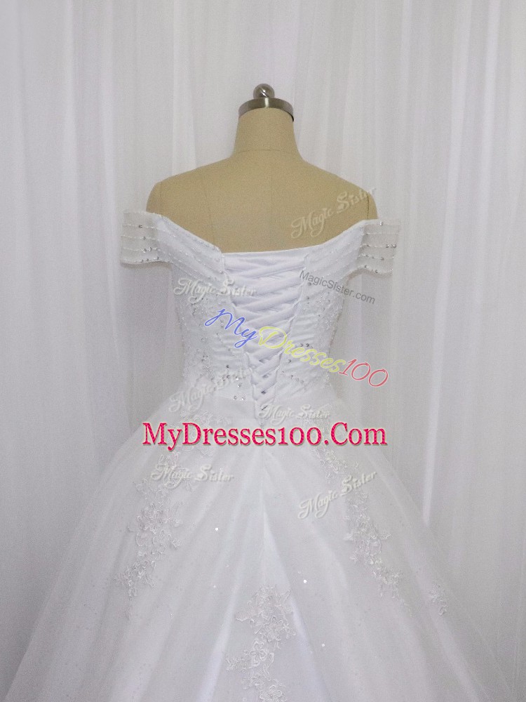 White Ball Gowns Beading and Lace and Belt Wedding Gown Lace Up Tulle Sleeveless