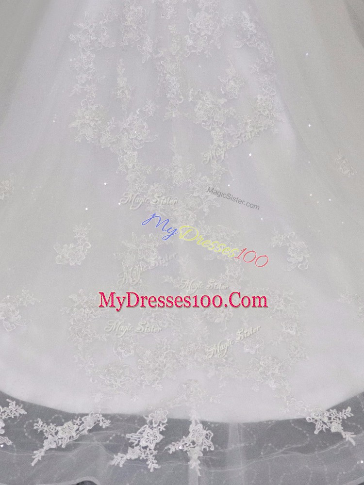 White Ball Gowns Beading and Lace and Belt Wedding Gown Lace Up Tulle Sleeveless