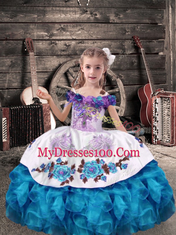 Organza Sleeveless Floor Length Pageant Gowns and Beading and Embroidery and Ruffles