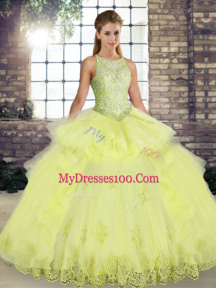 Fitting Yellow Lace Up Quinceanera Dresses Lace and Embroidery and Ruffles Sleeveless Floor Length