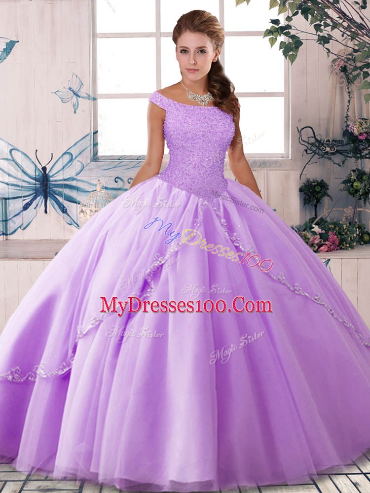 Ball Gowns Sleeveless Lavender Ball Gown Prom Dress Brush Train Lace Up