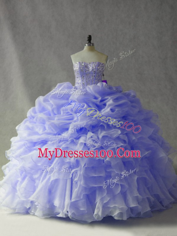 Superior Lavender Lace Up Quince Ball Gowns Beading and Ruffles and Pick Ups Sleeveless Brush Train