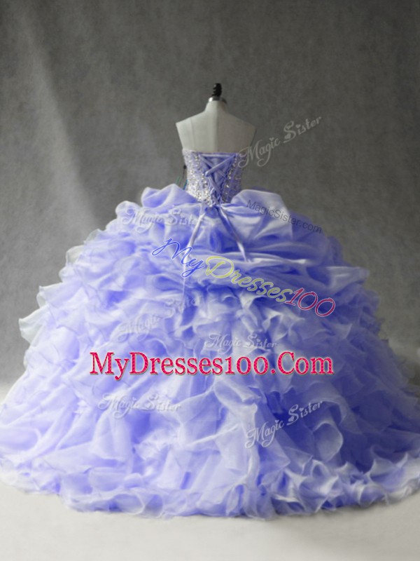 Superior Lavender Lace Up Quince Ball Gowns Beading and Ruffles and Pick Ups Sleeveless Brush Train
