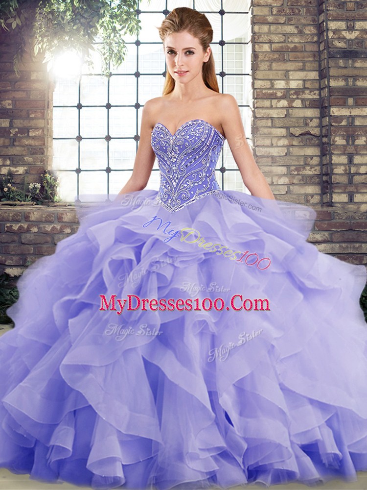Lavender Lace Up Sweetheart Beading and Ruffles Sweet 16 Dress Tulle Sleeveless Brush Train
