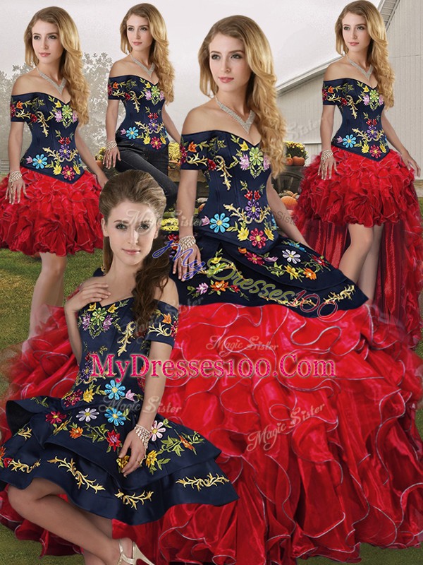 Floor Length Lace Up Quinceanera Gowns Red And Black for Military Ball and Sweet 16 and Quinceanera with Embroidery and Ruffles