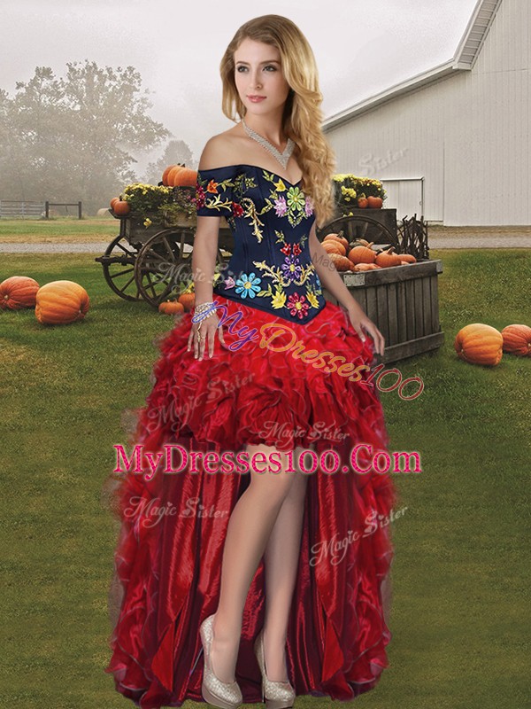 Floor Length Lace Up Quinceanera Gowns Red And Black for Military Ball and Sweet 16 and Quinceanera with Embroidery and Ruffles