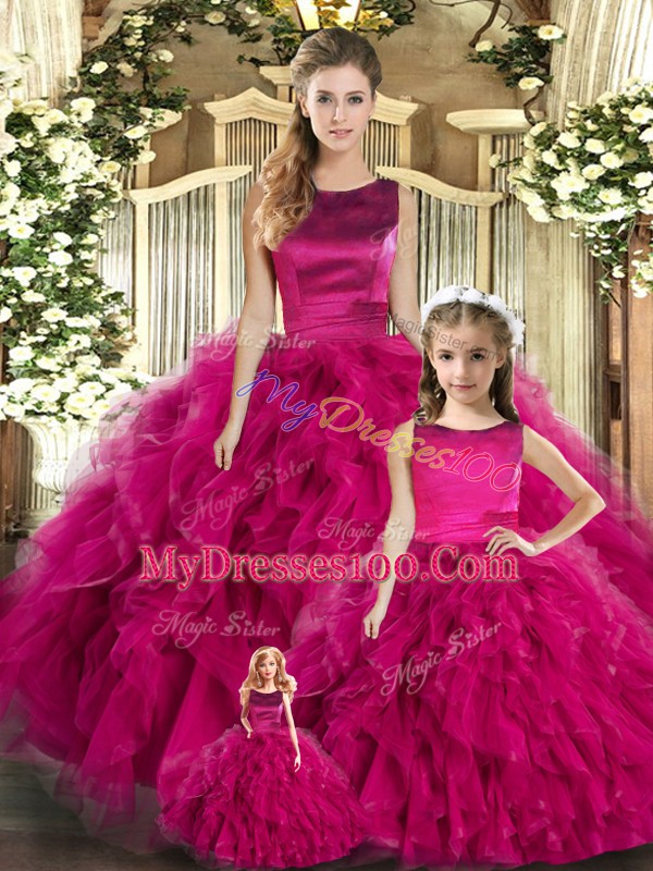 Fuchsia Lace Up Vestidos de Quinceanera Ruffles Sleeveless Floor Length