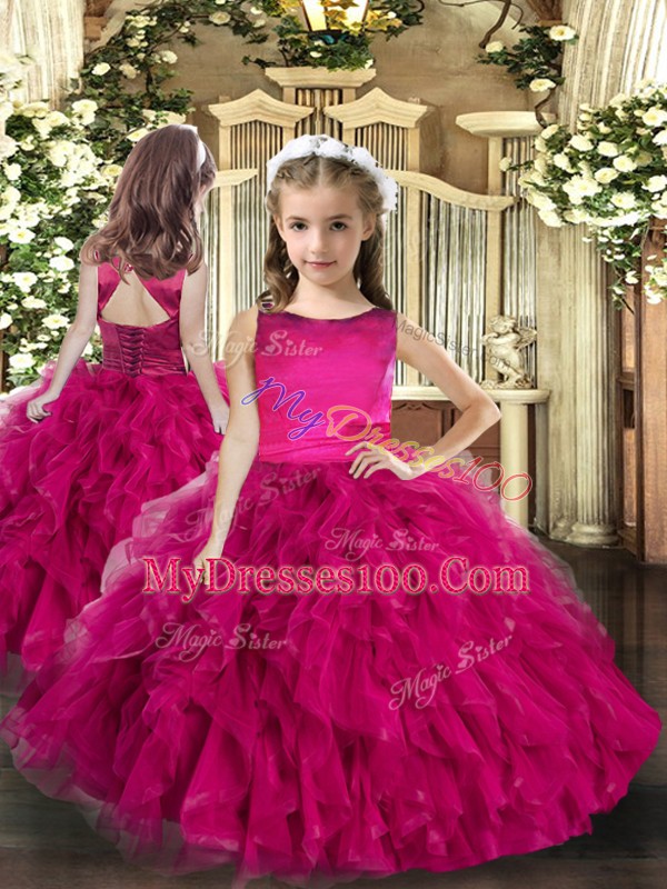Fuchsia Lace Up Vestidos de Quinceanera Ruffles Sleeveless Floor Length
