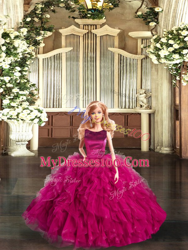 Fuchsia Lace Up Vestidos de Quinceanera Ruffles Sleeveless Floor Length