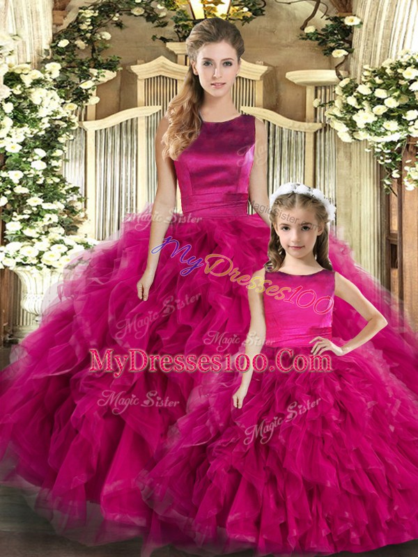 Fuchsia Lace Up Vestidos de Quinceanera Ruffles Sleeveless Floor Length