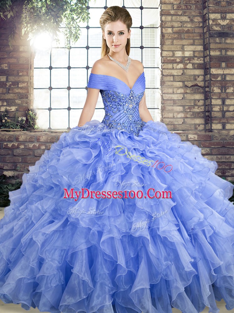 Lavender Lace Up Off The Shoulder Beading and Ruffles Quinceanera Dresses Organza Sleeveless Brush Train