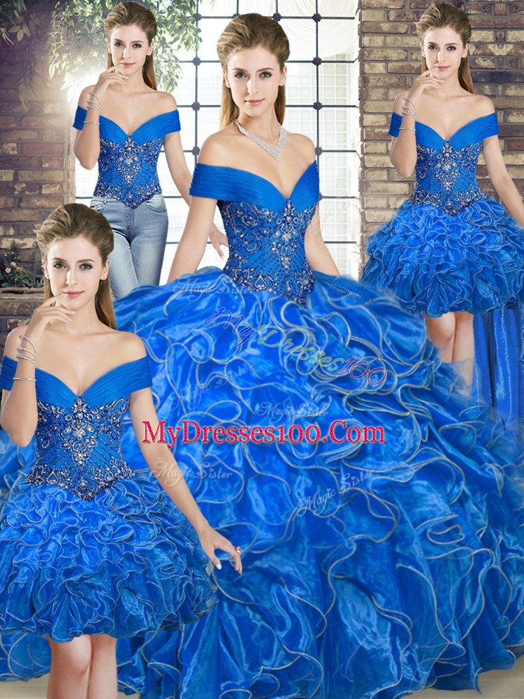 Fitting Royal Blue Lace Up Quinceanera Dress Beading and Ruffles Sleeveless Floor Length