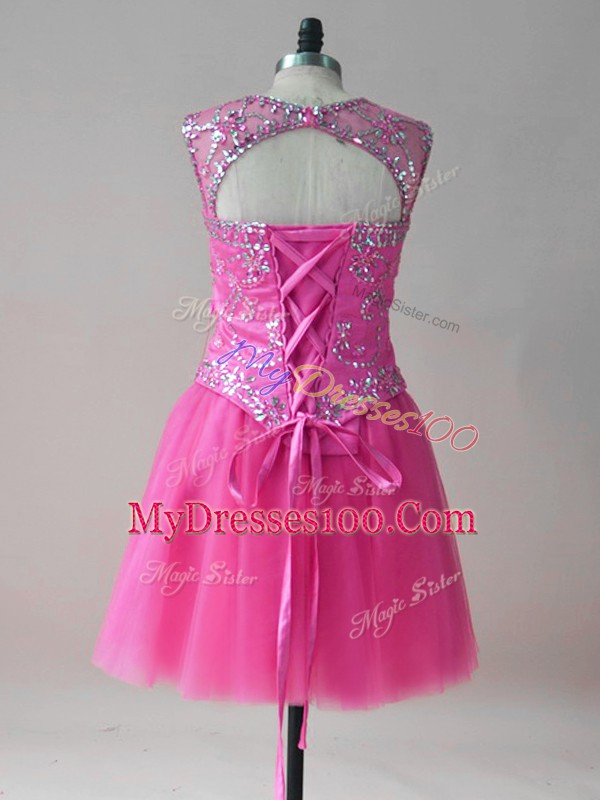 Deluxe Mini Length A-line Sleeveless Hot Pink Homecoming Dress Lace Up